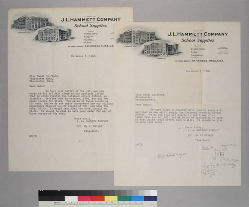 Two typescript letters from the J. L. Hammett Company to Miss Mabel Spofford