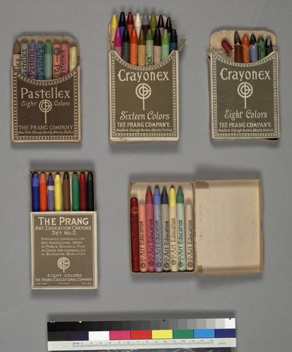 Five sets of boxed colored crayons manufactured by the Prang Company