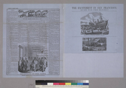 The Pictorial News Letter of California. For The Steamer Sonora, May 5, 1858. No. 4.[p.1] the Excitement in San Francisco. Rush for the Mines!![p.4]