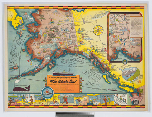 A good-natured map of Alaska showing the services offered by "The Alaska Line" and suggesting some of the most interesting features of the Territory