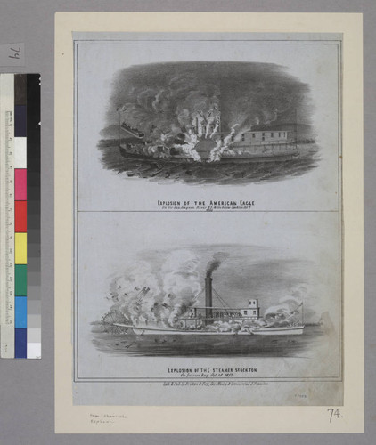 Explosion of the American Eagle. [upper] Explosion of the Steamer Stockton. [lower]