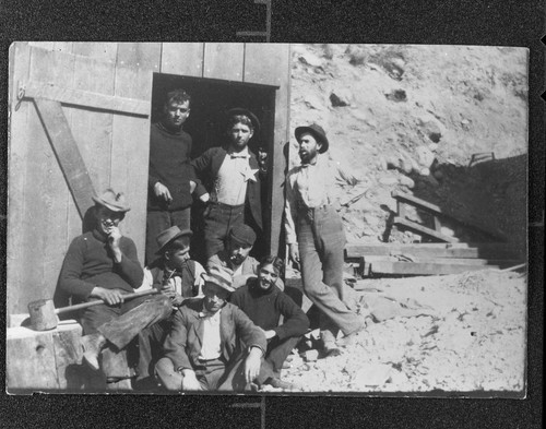 An unidentified foreman and group of engineers at Santa Ana River #1 Hydro Plant during its construction