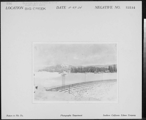 Big Creek Huntington Lake Dams - Huntington Lake - View lookin east with downstream side of Dam #3 in foreground, and part of upstream side of Dam 2 at left center, during winter of 1923