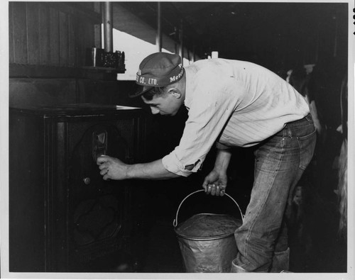 William Verburg of Gardena adjusts the radio in his cow barn, about 1939