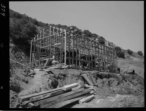 Big Creek - Mammoth Pool - Building under construction around compressors at outlet portal of power tunnel