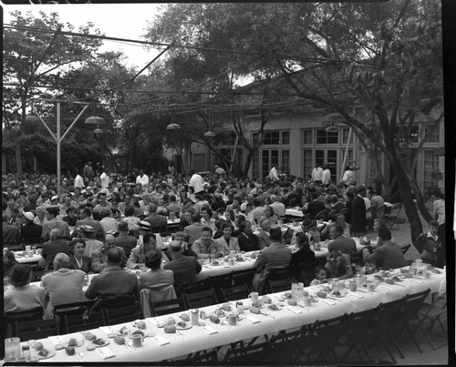 Hundreds of people seated at tables at picnic eating