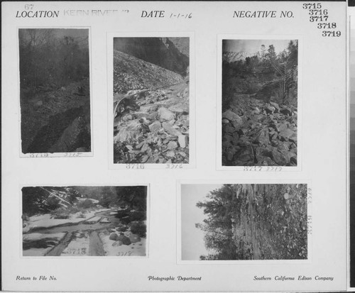 Kern River No. 3 - Washout, Raymaker Camp, 2 miles above hospital. [plus four shots: Road & dump 21