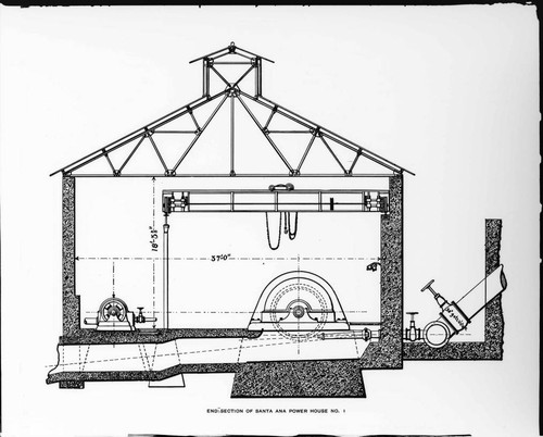 A drawing of the end section of the power house at Santa Ana River #1 Hydro Plant