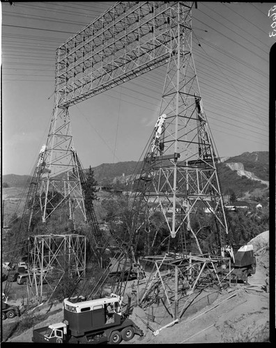 Construction work raising 12 circuit towers out of Eagle Rock Substation