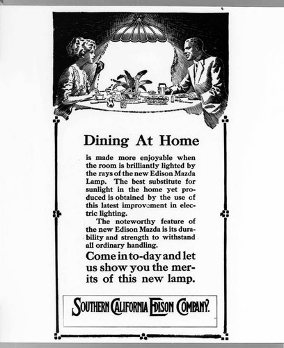 A poster advertising the new Edison Mazda Lamp, showing a couple dining at home