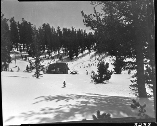 Big Creek snow survey. Shelter cabin at Kaiser Meadow in snow with sno