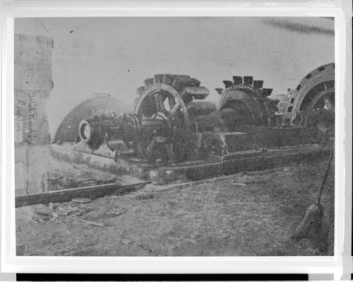 Pelton wheels and a generator under construction at Santa Ana River #1 Hydro Plant