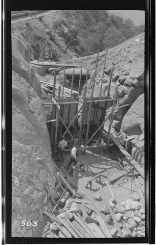 A construction crew working on the reservoir gates at Kaweah #3 Hydro Plant