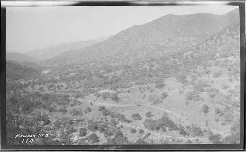 A long distance view of the ditchs and roads associated with Kaweah #3 Hydro Plant