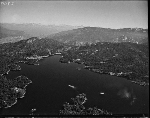 Aerial photo of Shaver Lake with Shaver Dam in shot