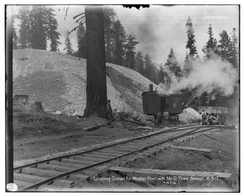 Big Creek Huntington Lake Dams - Loading gravel for washing plant with No. 0 Thew shovel. Job H