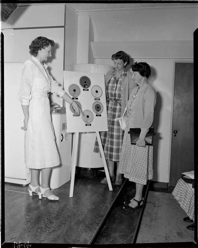 Woman demonstrating hot plate adjustments for an electric range to two lady customers