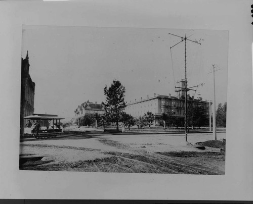 At the corner of State and Victoria Streets, across the road from the Arlington Hotel, rose the tallest of Santa Barbara's electric light masts, a 150-foot cable-reinforced iron pipe tower, the base of which can be seen at the right of the photo