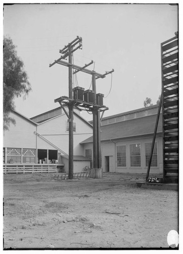 A transformer on a distribution pole at Lordsburg Packing House