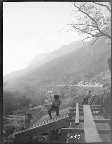 A construction crew working on the flume and spillway at Tule Plant