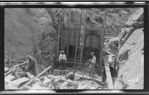 A construction crew working on the reservoir gates at Kaweah #3 Hydro Plant