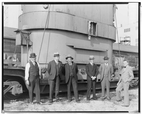 Long Beach Steam Station, Plant #3 - Transformer on cars, Union Pacific and Stone & Webster officials standing by