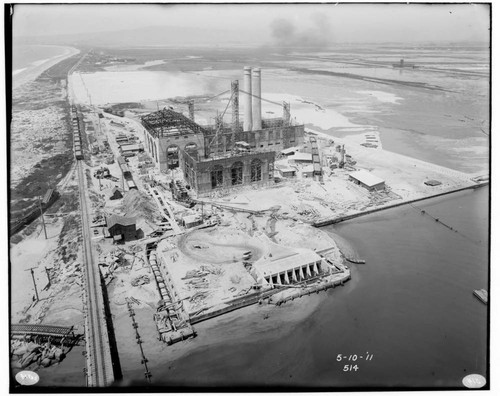 Bird's eye view of the Long Beach Steam Plant while under construction from the top of the raised Salt Lake Bridge