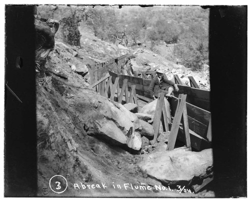 A break in Flume #1 caused by a falling boulder in March 1904