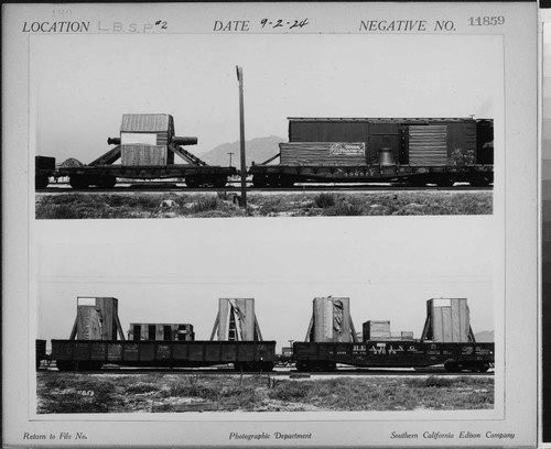 Long Beach Steam Station, Plant #2 - Two flat-cars with turbine parts, 2 panorama shots on photocard