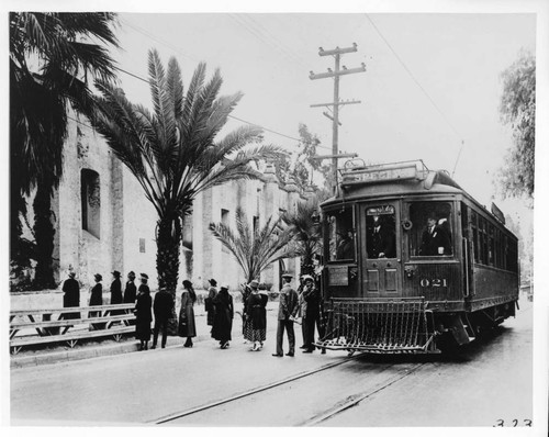 Pacific Electric's "Old Mission Trolley Trip" excursion at San Gabriel Mission, about 1918