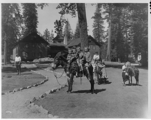 Big Creek children riding on a gentle burro