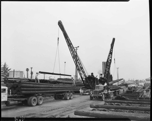 Cranes unloading poles from trucks