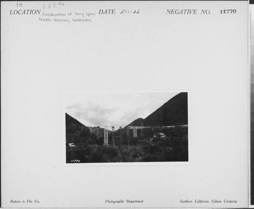 Santa Ana River #3 Powerhouse - Construction of long flume span trestle showing sub-towers