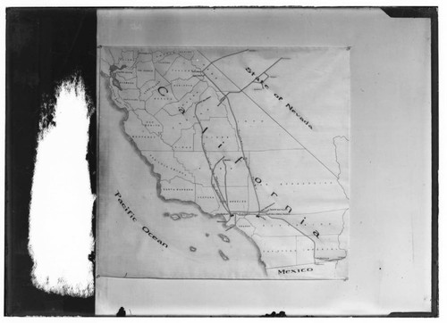 Map of Southern California showing the early transmission line corridors belonging to Pacific Light and Power, Southern California Edison and Southern Sierras Power Co