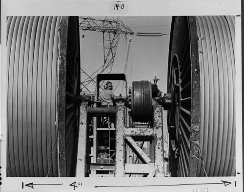 The big "bull wheel" tensioning devices for 500kV transmission line construction were much larger than their 220kV ancestors used in the building of the Hoover Dam lines
