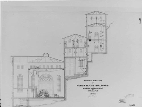 An early John Eastwood drawing showing a multi-level power house to be located at the junction of Pitman Creek and Big Creek