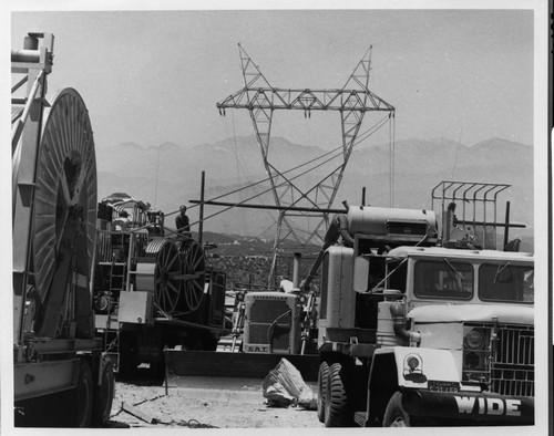 Stringing wire on the Mira Loma-Lugo 500 kV transmission line in Cajon Pass, 1979