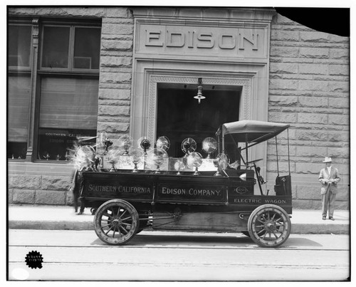 Electric wagon with display of running electric fans (running) set up in front of the Edison Building