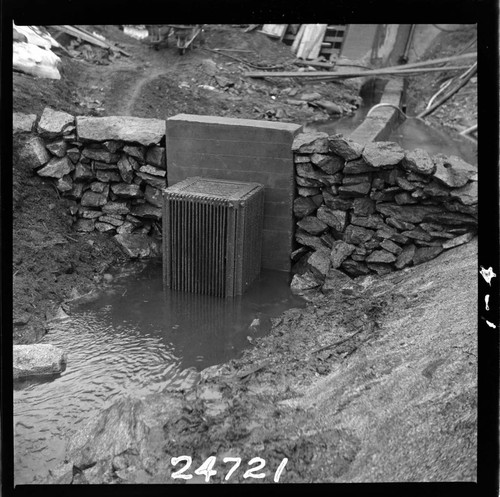 Big Creek, Florence Lake Dam - Record photograph showing intake trash rack and concrete head wall