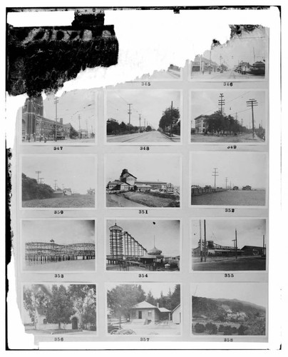 This is a multi-image negative that depicts uses of combination poles, amusement park, lumber mill, crematoriums, and a Sanitorium. Undamaged images included on the plate are copies of original negatives: 02 - 00346; 02