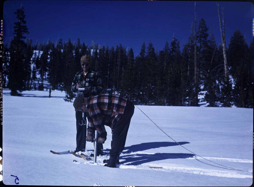 Big Creek Snow Survey: two men pushing snow tube into snow