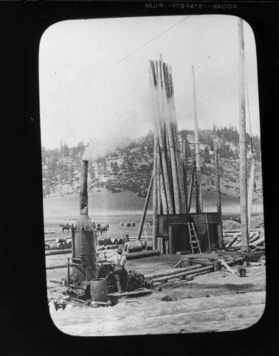 Steam donkey and poles at construction site