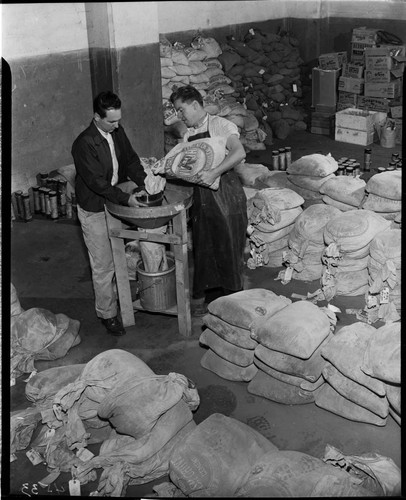 Men filling containers with Portland cement