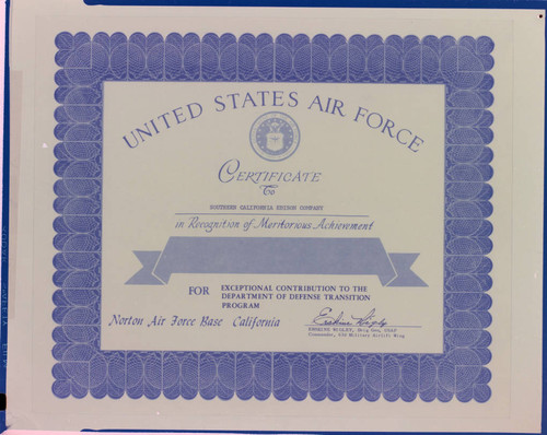 Certificate of Achievement award to SCE from Norton Air Force Base