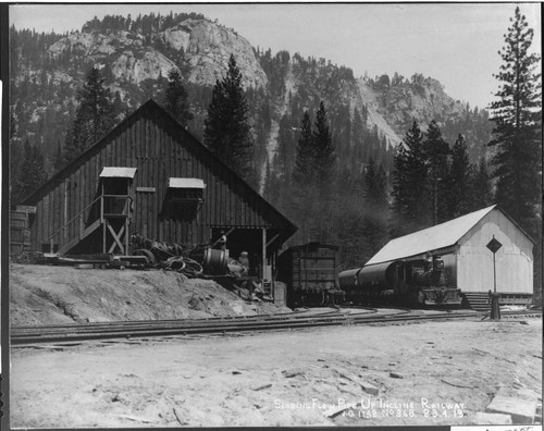 This view of the warehouses at Cascada shows the foot of the steep inclined railway (Incline #1) that was used to haul construction materials