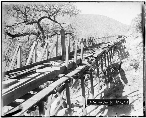 A long view of flume #9 at Kaweah #2 Hydro Plant with water running underneath