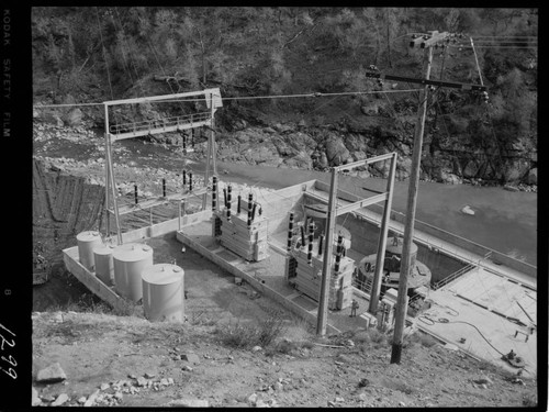 Big Creek - Mammoth Pool - Oil tanks and transformer and generator housing from hillside diversion cut