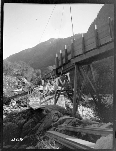 A close-up view of the erection of the trestle of the flume at Tule Plant