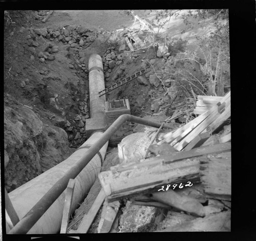 Kaweah #2 - Flume 1 - Looking upstream from siphon outlet, showing blow-off and valve box. 4" line in foreground is furnishing water for flow 2, 4, 6, & 7 during outage