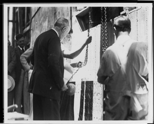 John B. Miller at the June 5, 1930 ceremony to dedicate the solid granite cornerstone of the new Edison Building at Fifth and Grand Streets